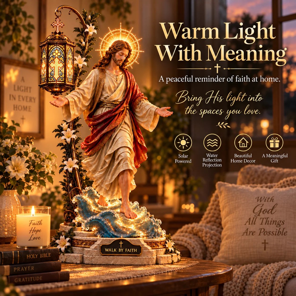 Walk by Faith Jesus light in a warm faith-filled living room