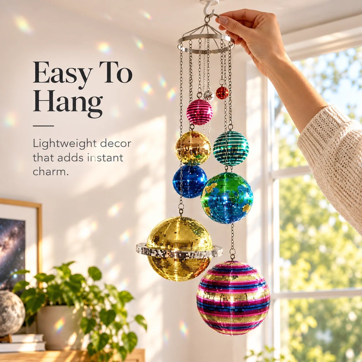 Person hanging lightweight solar system disco ball mobile from a secure ceiling hook