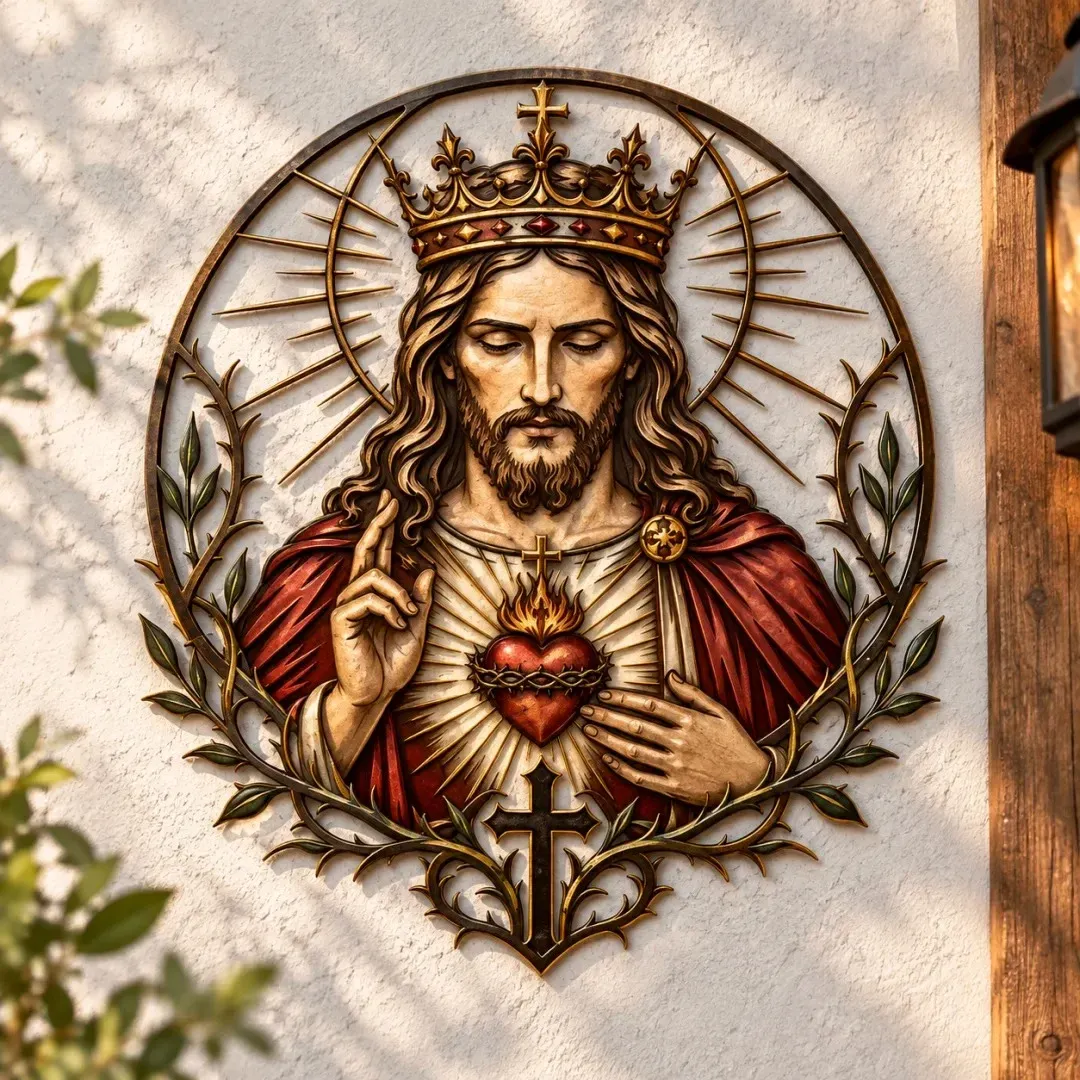 Sacred Heart of Jesus metal wall art with golden crown and radiant halo