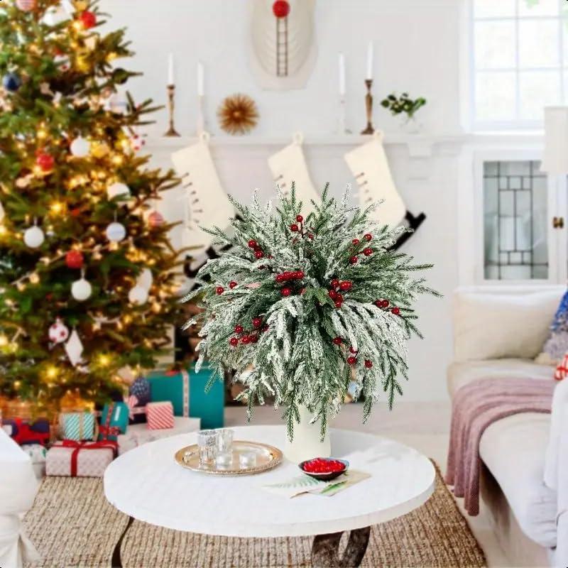 20pcs Artificial Norfolk Pine Branches and Red Fruits , Christmas Green Plants Select Norfolk Pine Stems False Pine Needles Branches for Vase Filling DIY Craft Wreath , Christmas Decorations