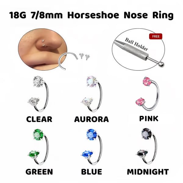 Zirconia Horseshoe Ring with Threaded Gems for Piercings