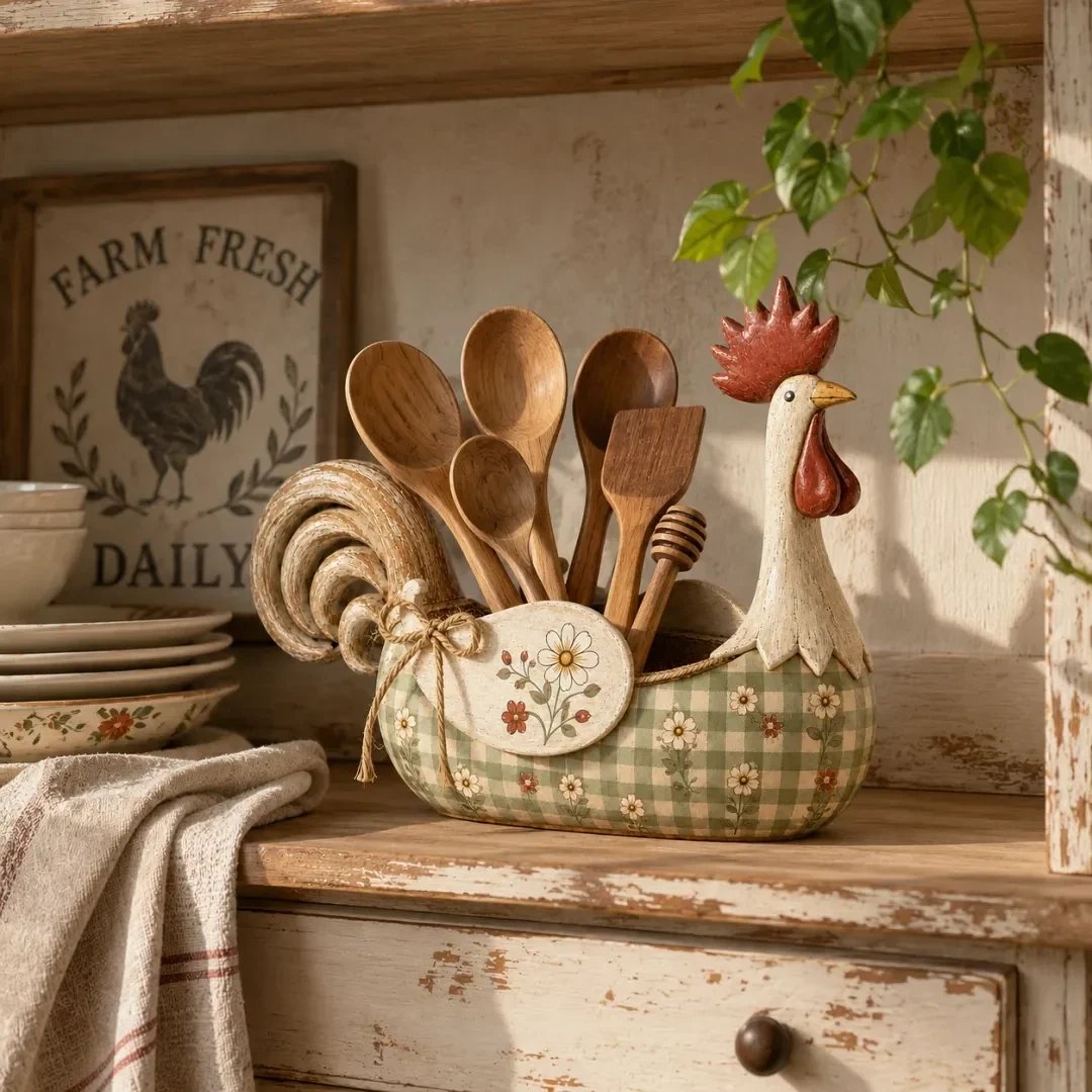 Rooster utensil holder holding wooden spoons on a farmhouse kitchen shelf