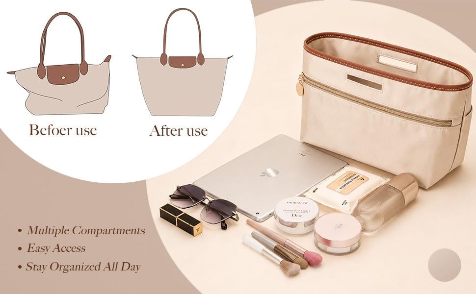 Tote bag organizer with handles, satin handbag organizer, compatible with Longchamp Le Pliage Tote Bag, LV Neverfull MM, Coach City 33, Speedy 30, G.oyard PM, and other styles. Handbag divider organizer, beige / Large, Medium, Small Tote bag organizer with handles, satin handbag organizer, compatible with Longchamp Le Pliage Tote Bag, LV Neverfull MM, Coach City 33, Speedy 30, G.oyard PM, and other styles. Handbag divider organizer, beige / Large, Medium, Small