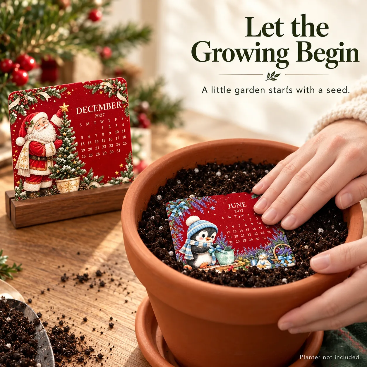 Calendar card being placed into soil in a terracotta planter