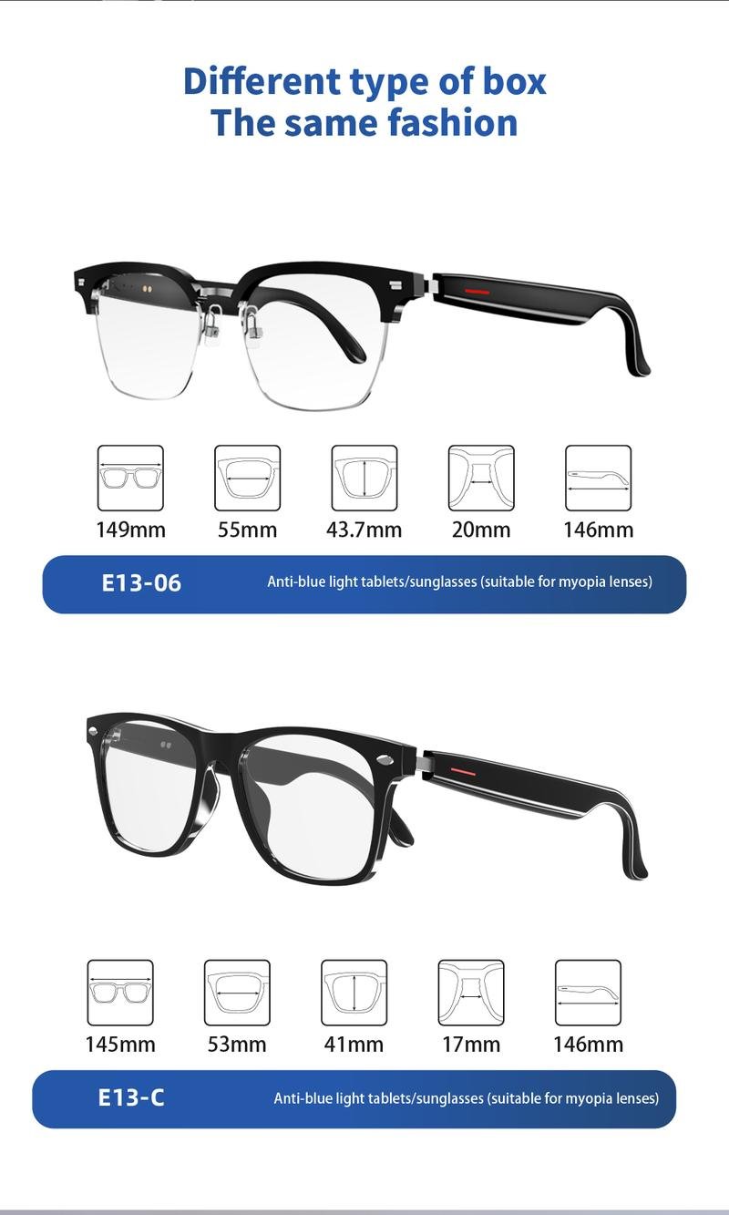 Product Introduction of E13 Smart Glasses UV Protection Anti-Blue Light , Bluetooth Compatible for Men & Women , Multifunctional Wireless Glass 38