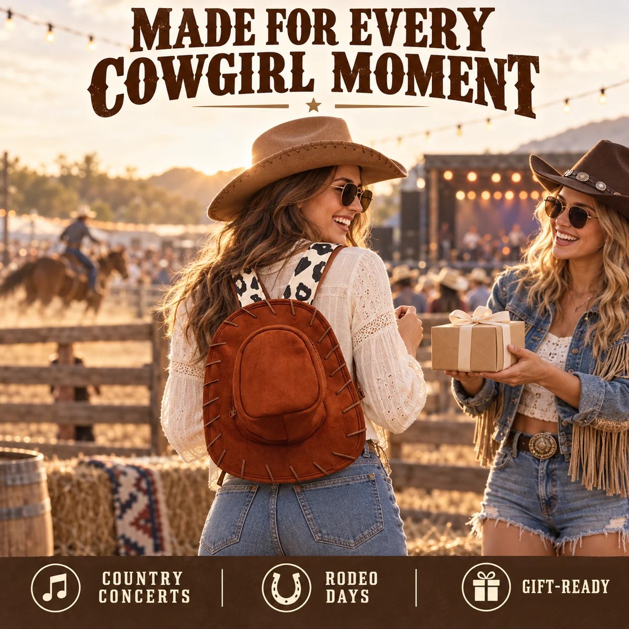 Cowgirl wearing a cowboy hat-shaped backpack at a Western event