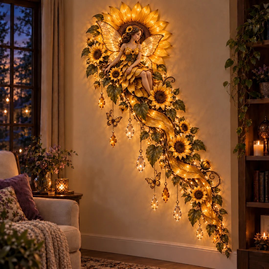 Sunflower fairy with golden petals illuminated at night in a welcoming living room