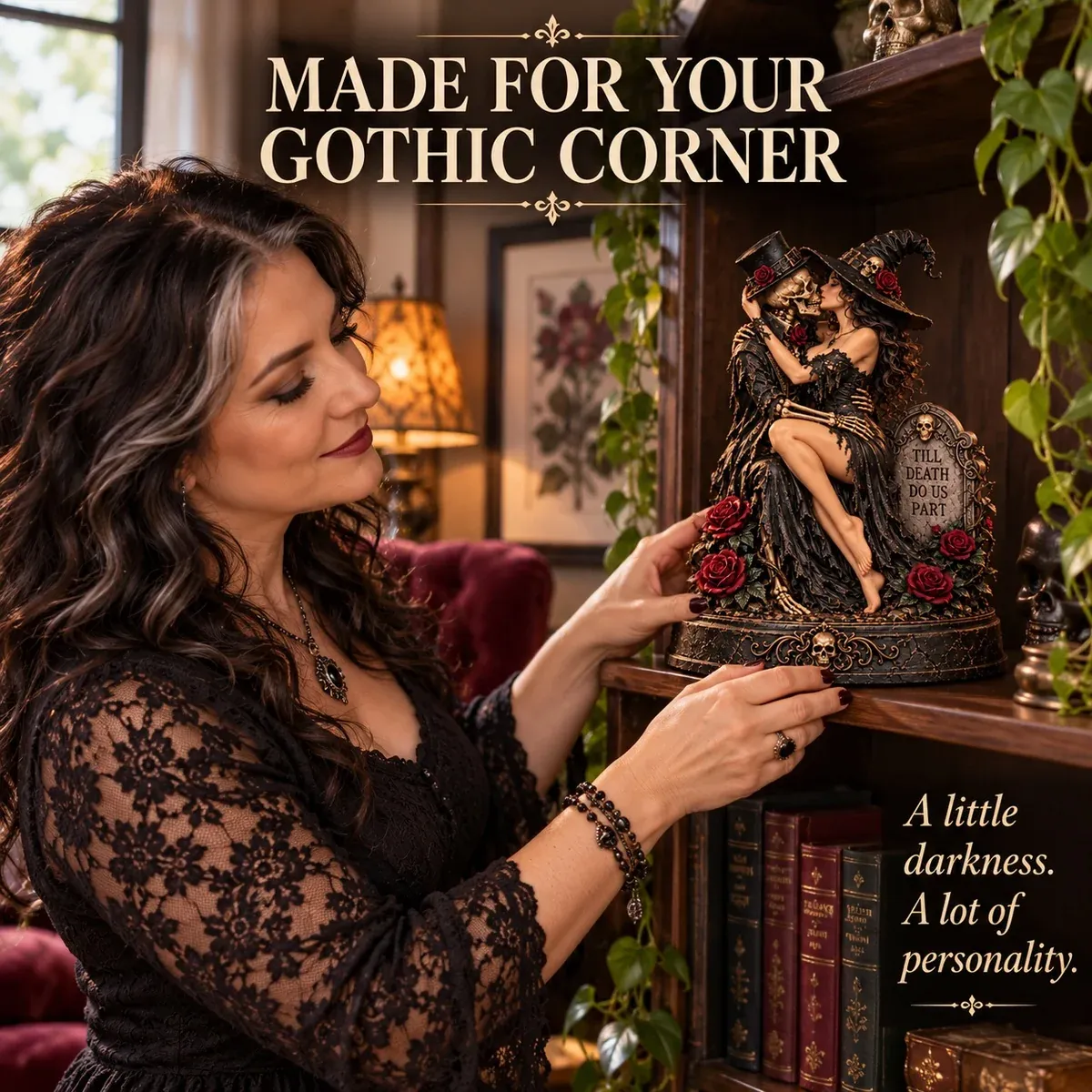 Gothic romance figurine styled in a home display