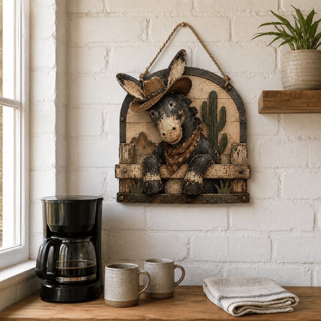 Rustic donkey wall hanging above a farmhouse coffee bar