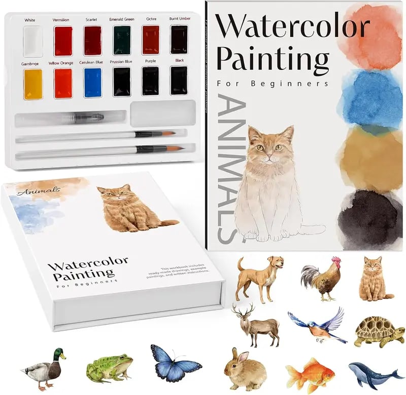 Beginner watercolor animal workbook with 12-color paint set and brushes Beginner watercolor animal workbook with 12-color paint set and brushes