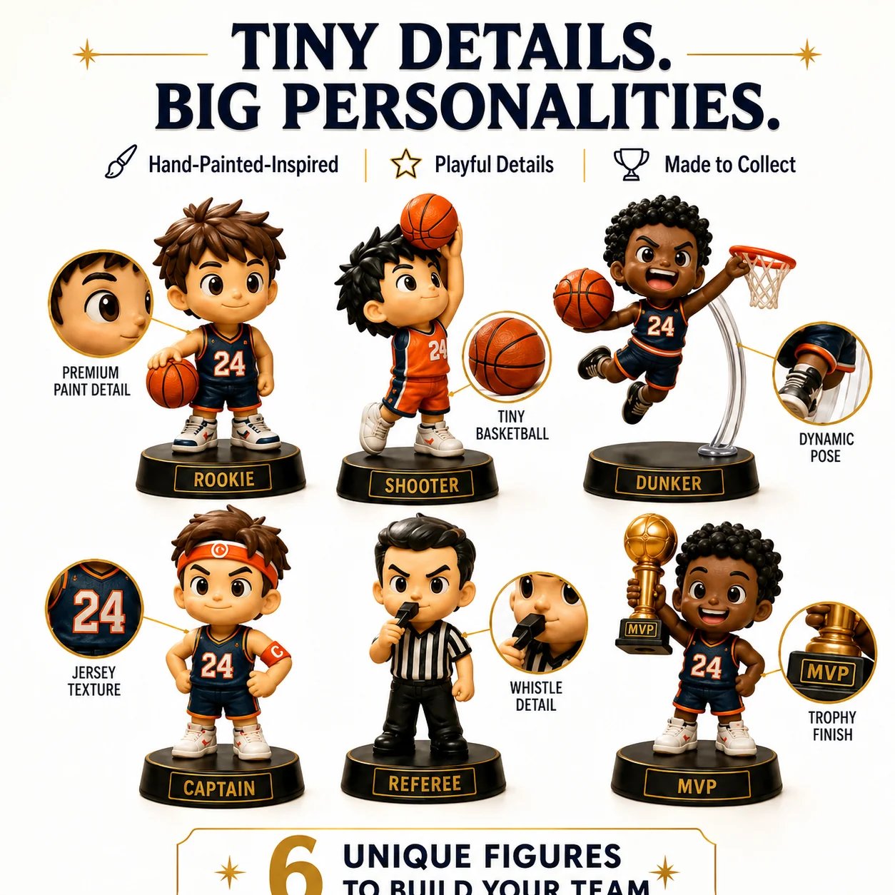 Basketball collectible figures with detailed poses, textures and accessories