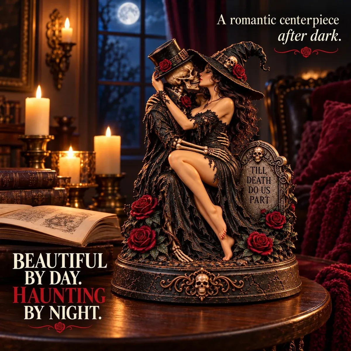 Gothic romance figurine in a softly lit evening display