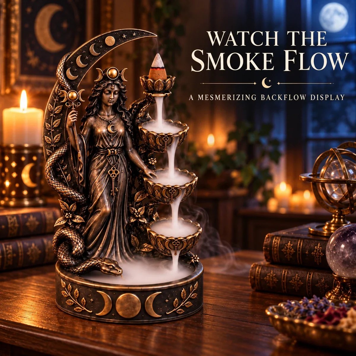 Smoke cascading through a dark celestial backflow incense burner