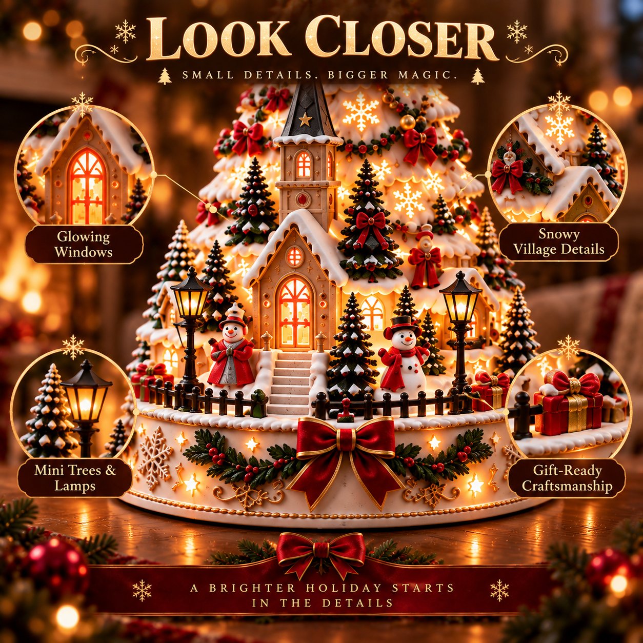 Layered miniature Christmas village details