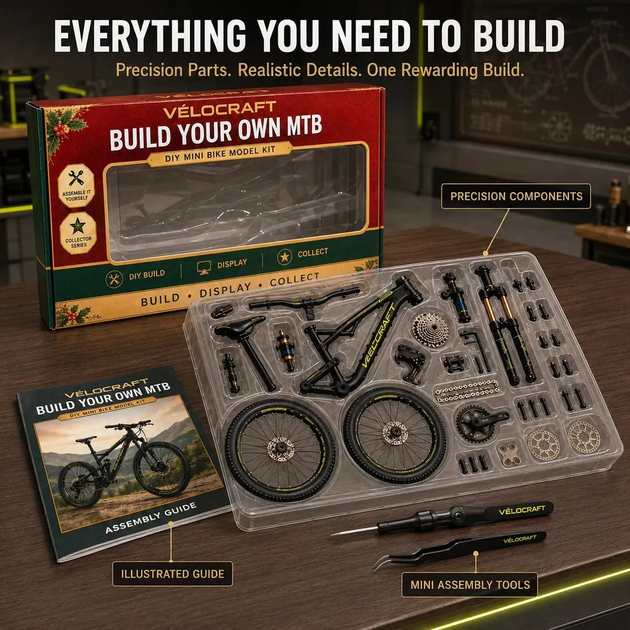 Package contents and components included with the DIY miniature mountain bike model kit