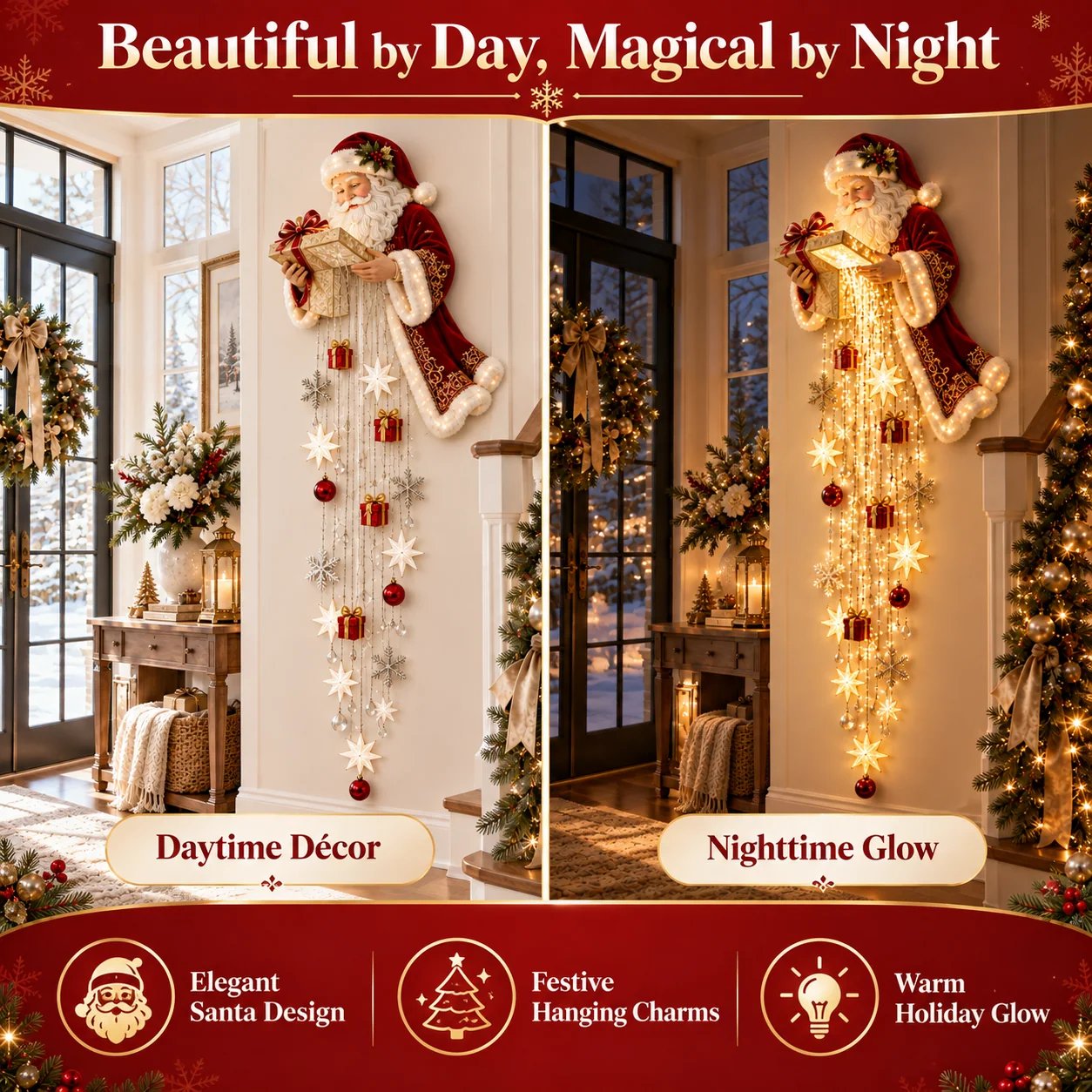 Santa Starfall Cascade daytime and nighttime comparison