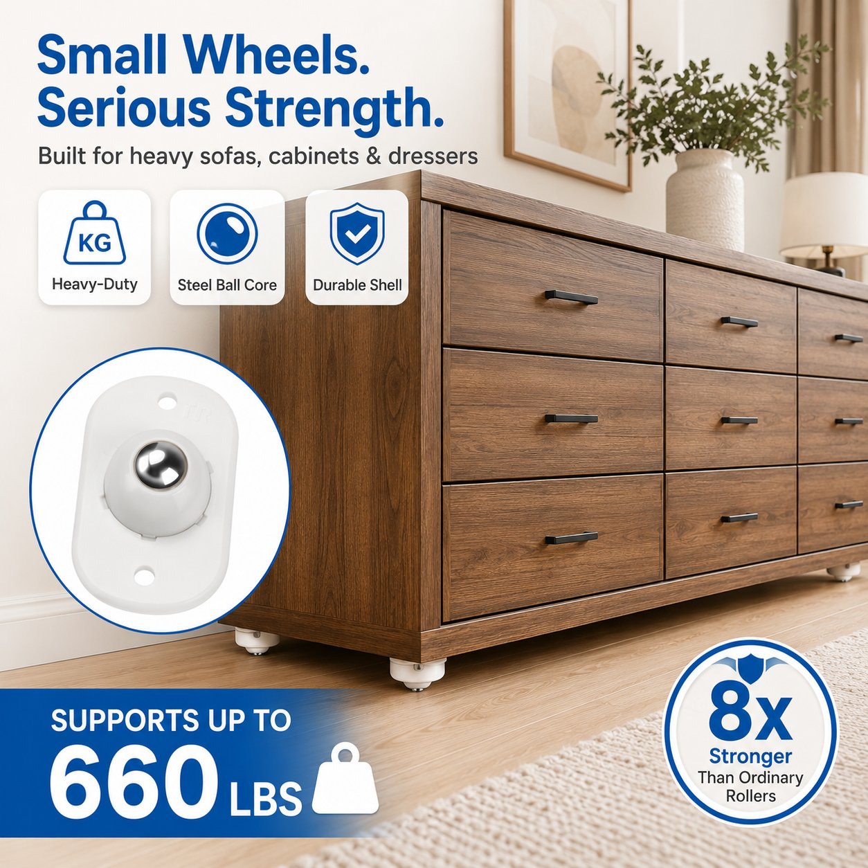 Compact mini caster wheels installed beneath household items