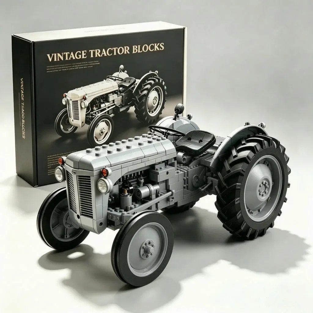 Classic farm tractor building block set packaging and included parts