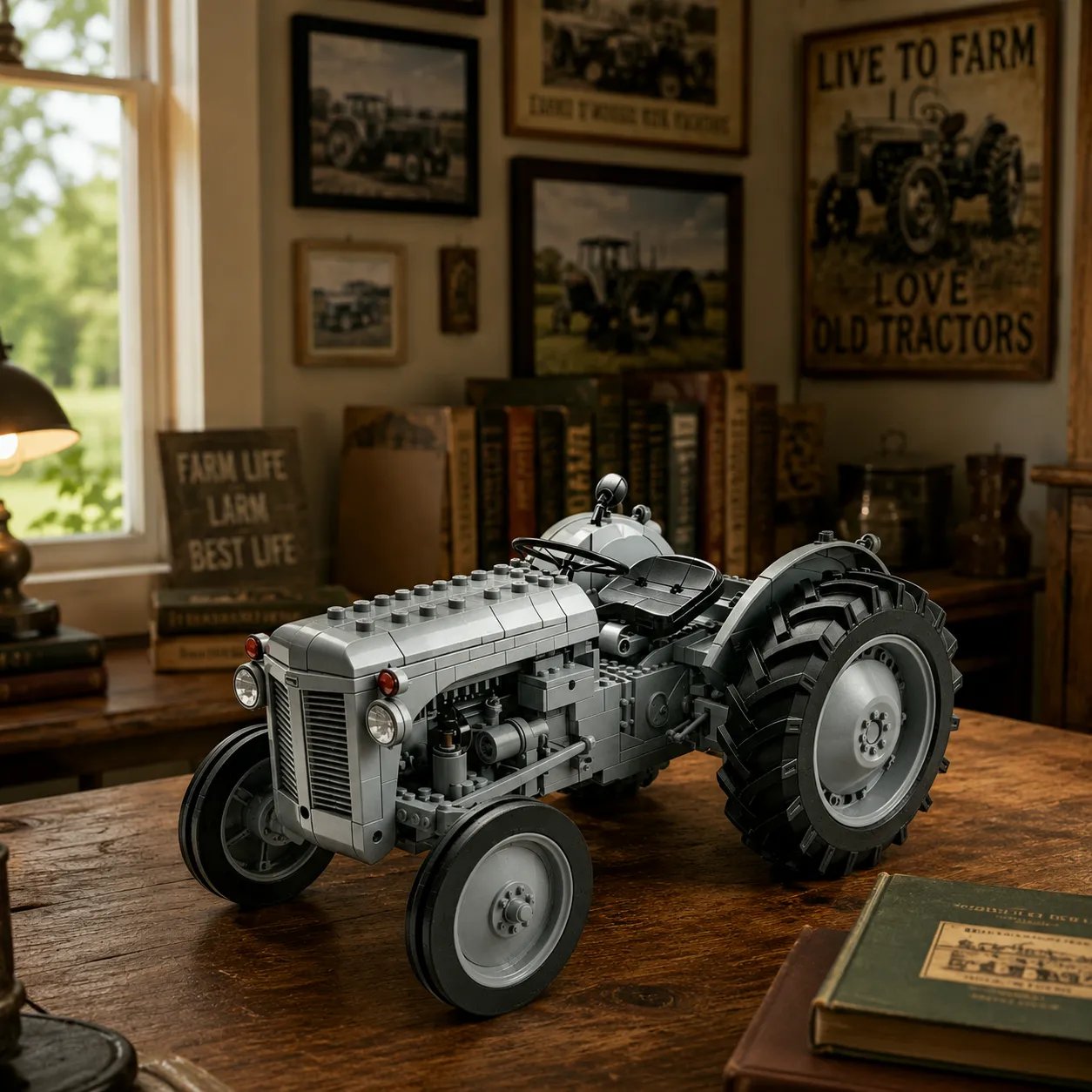 Classic farm tractor building block set grey field edition display model