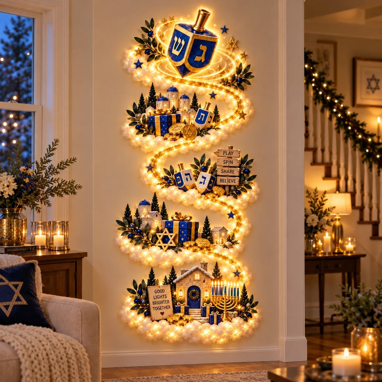 Hanukkah dreidel festival wall decor with gifts and menorah