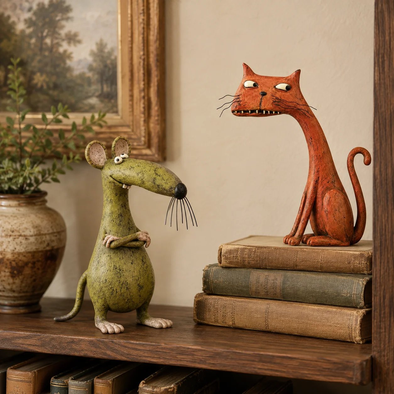 Whimsical vintage mouse and cat figurines with playful expressions