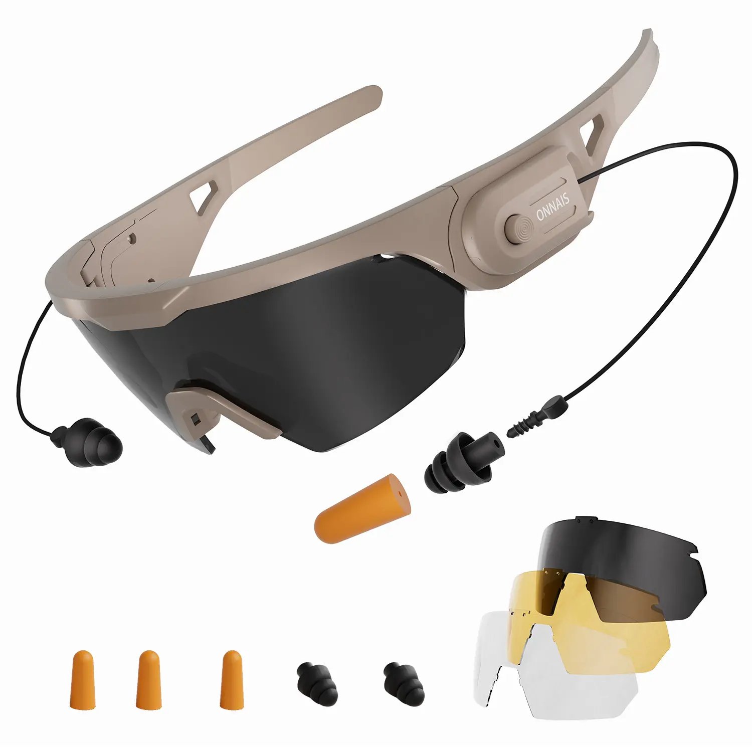 Khaki safety goggles with lenses and noise reduction plugs