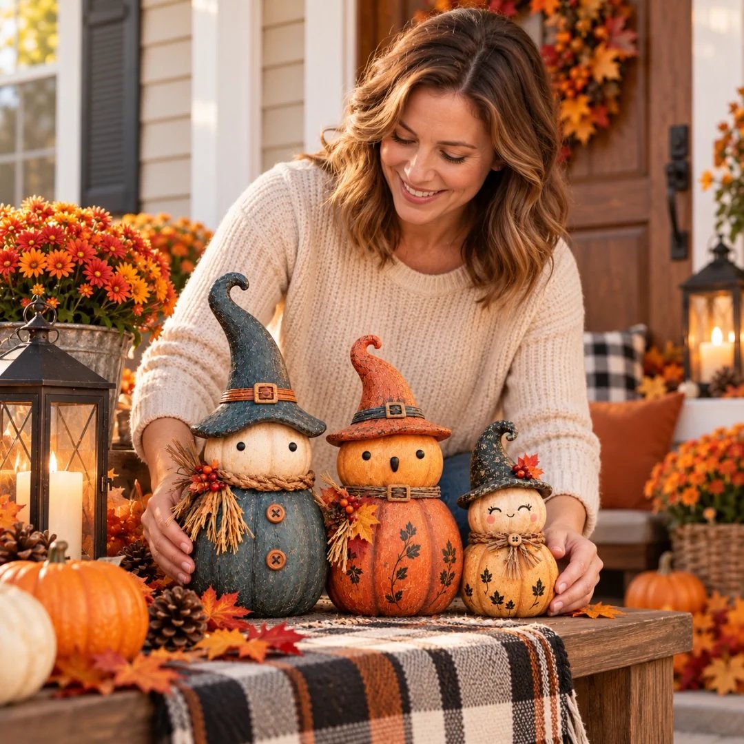 Size guide for all three pumpkin witch figurines