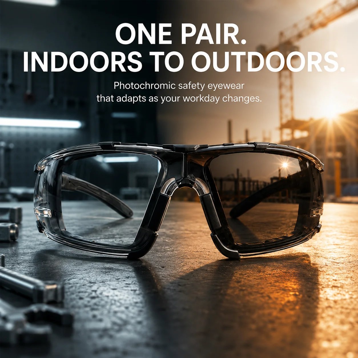 Photochromic safety glasses for indoor and outdoor work
