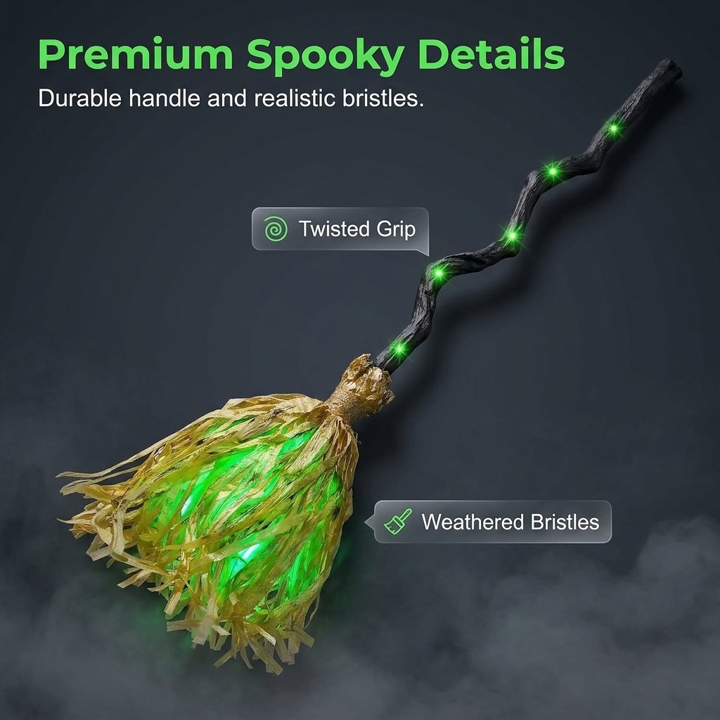 Halloween witch broom twisted handle and realistic bristle details