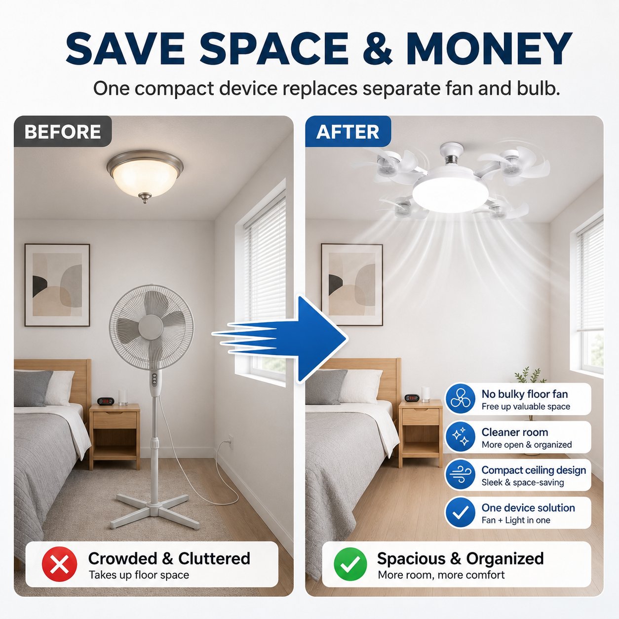 Compact energy efficient ceiling fan light