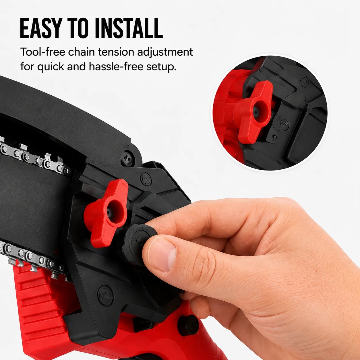 Cordless mini chainsaw cutting wood
