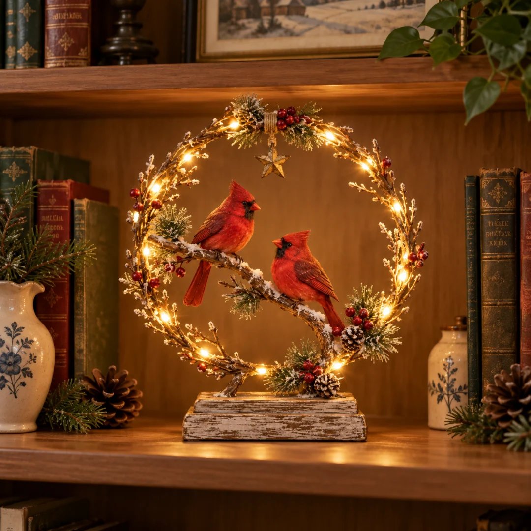 Cardinal decoration displayed among books and keepsakes on a wooden shelf