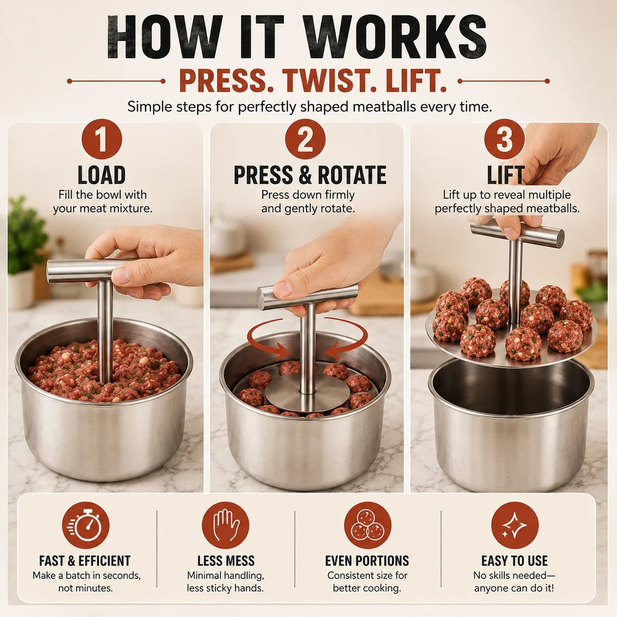 Three step meatball press instructions