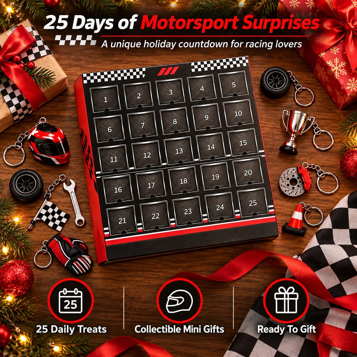 25 day racing advent calendar surrounded by helmet tire trophy wheel checkered flag wrench cone and motorsport keepsakes