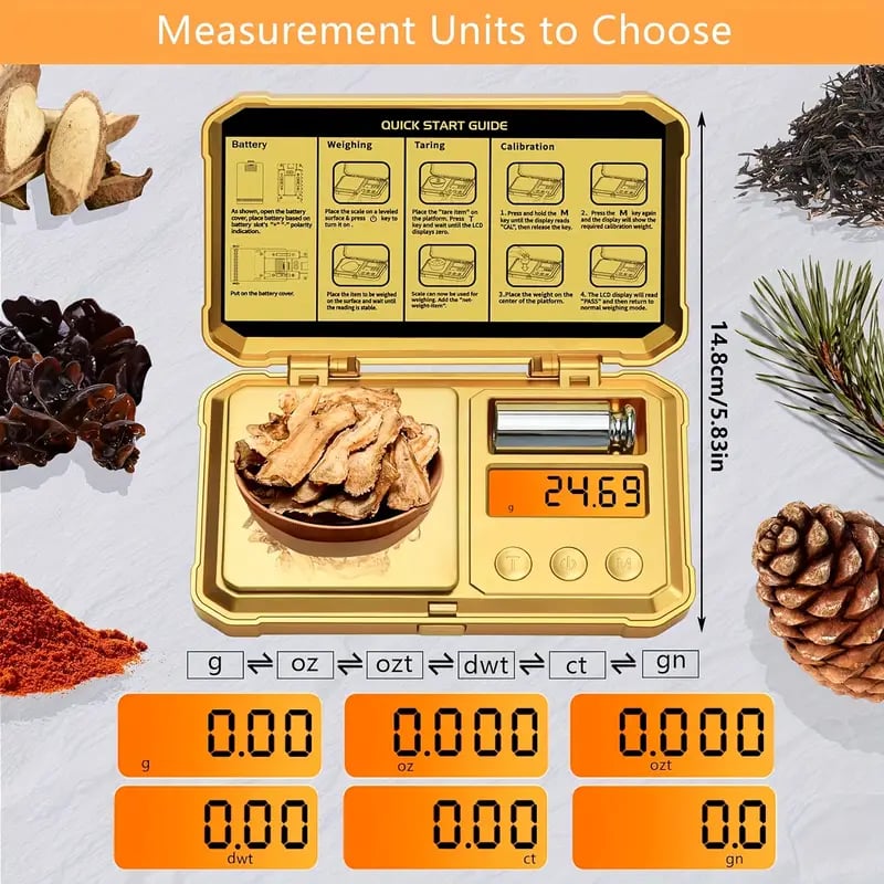 1件高精度数字口袋秤 200克 x 0.01克 带背光lcd，6单位去皮功能，便携式克秤带保护套 - 适用于珠宝、厨房、咖啡、黄金、宝石、实验室使用、食品、茶、diy - 紧凑耐用，人体工学设计，一键操作，低功耗（兼容aa电池）- 适合家庭、旅行等 商品详情 1
