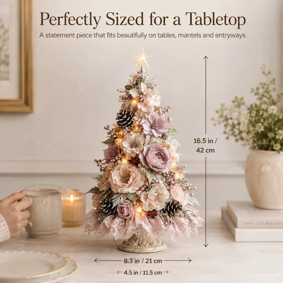 Dimensions of the Blush Bloom tabletop Christmas tree
