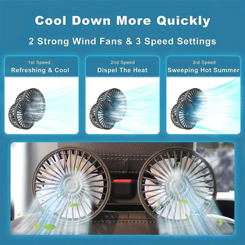 Product Introduction of Father's Day Gifts, Mother's Day Gift, Adjustable Car Backseat Fan, 1 Count Summer Essential Double-head Electric Fan with Seat Clip, Strong Wind Rear Seat Back 360 Degrees Rotation Large Air Volume Fan, Men Gifts, Car Ventilation Tools 70