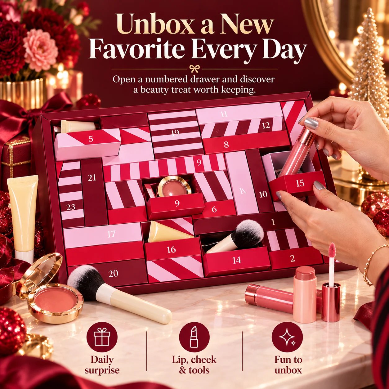 Hand opening a numbered drawer in a 24-day beauty Christmas advent calendar