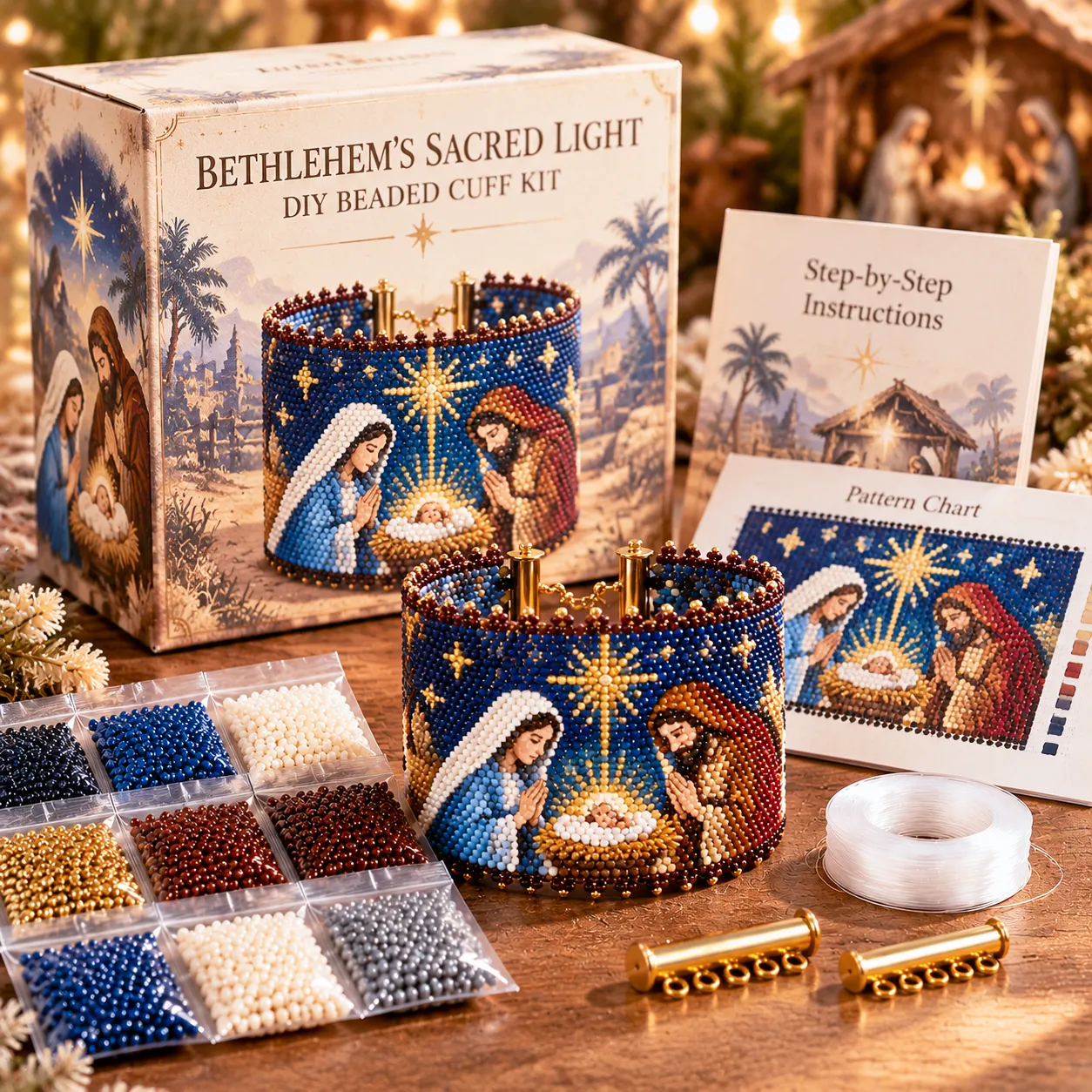 Nativity beaded cuff kit with colored seed beads thread clasp instructions and pattern chart
