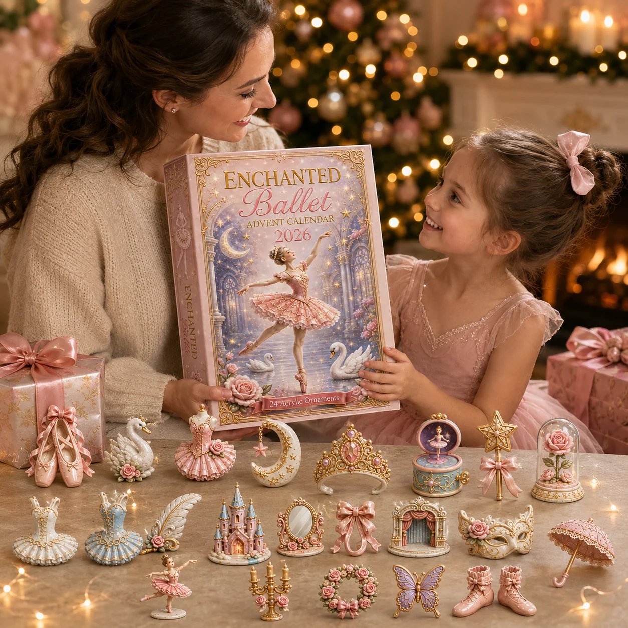 Ballet dancer receiving Advent Calendar Christmas gift Ballet dancer receiving Advent Calendar Christmas gift
