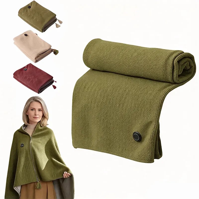 Green heated shawl shown folded and worn