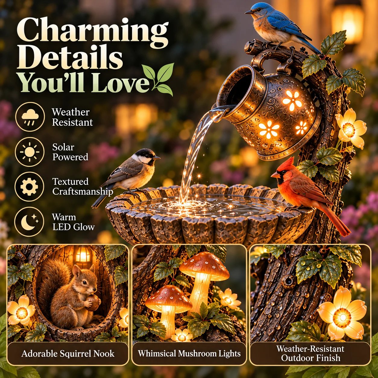 Charming solar birdbath fountain details