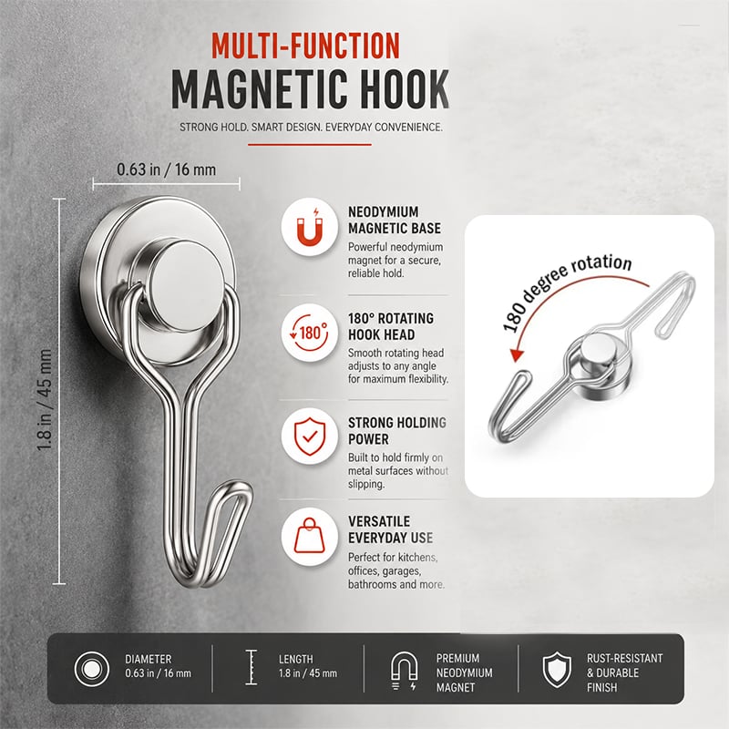 Heavy duty magnetic swivel hook dimensions and specifications