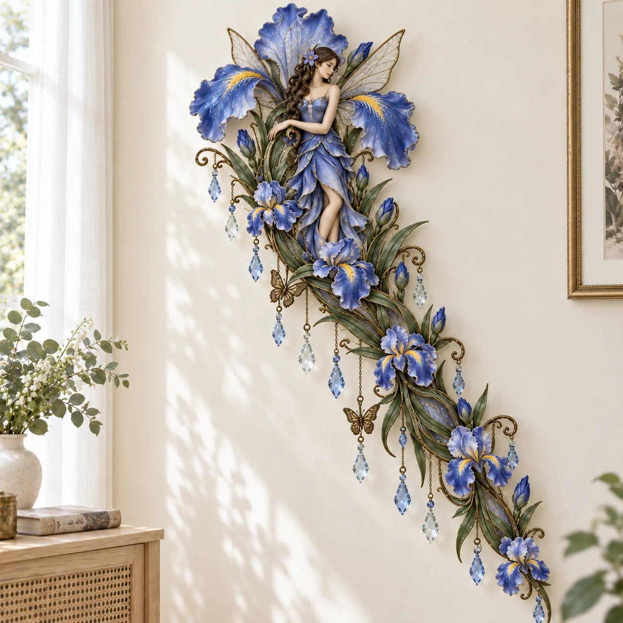 Blue Iris fairy wall decor with blue-violet flowers and flowing details in daylight, lights off
