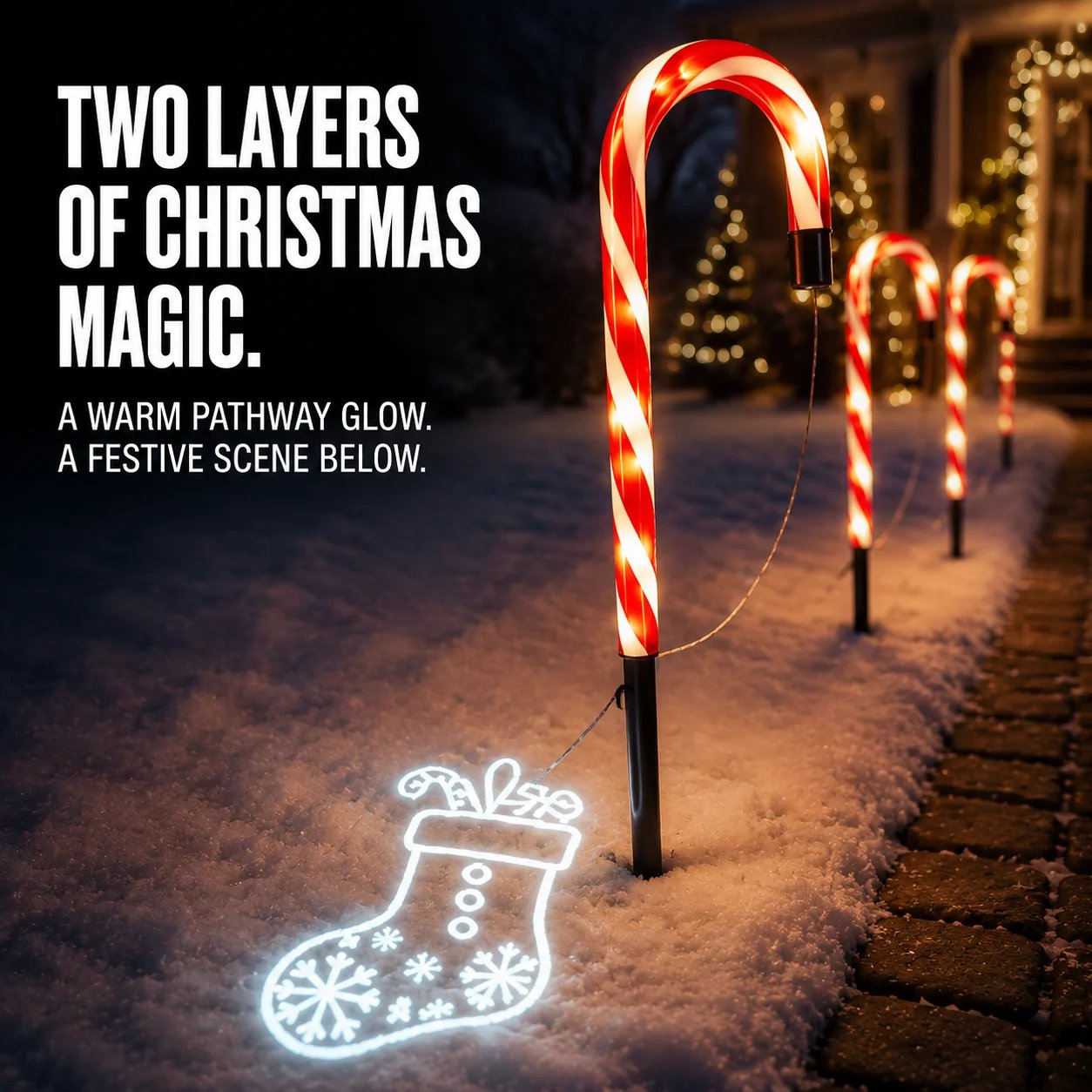 Two layers of Christmas magic candy cane path light and projected stocking