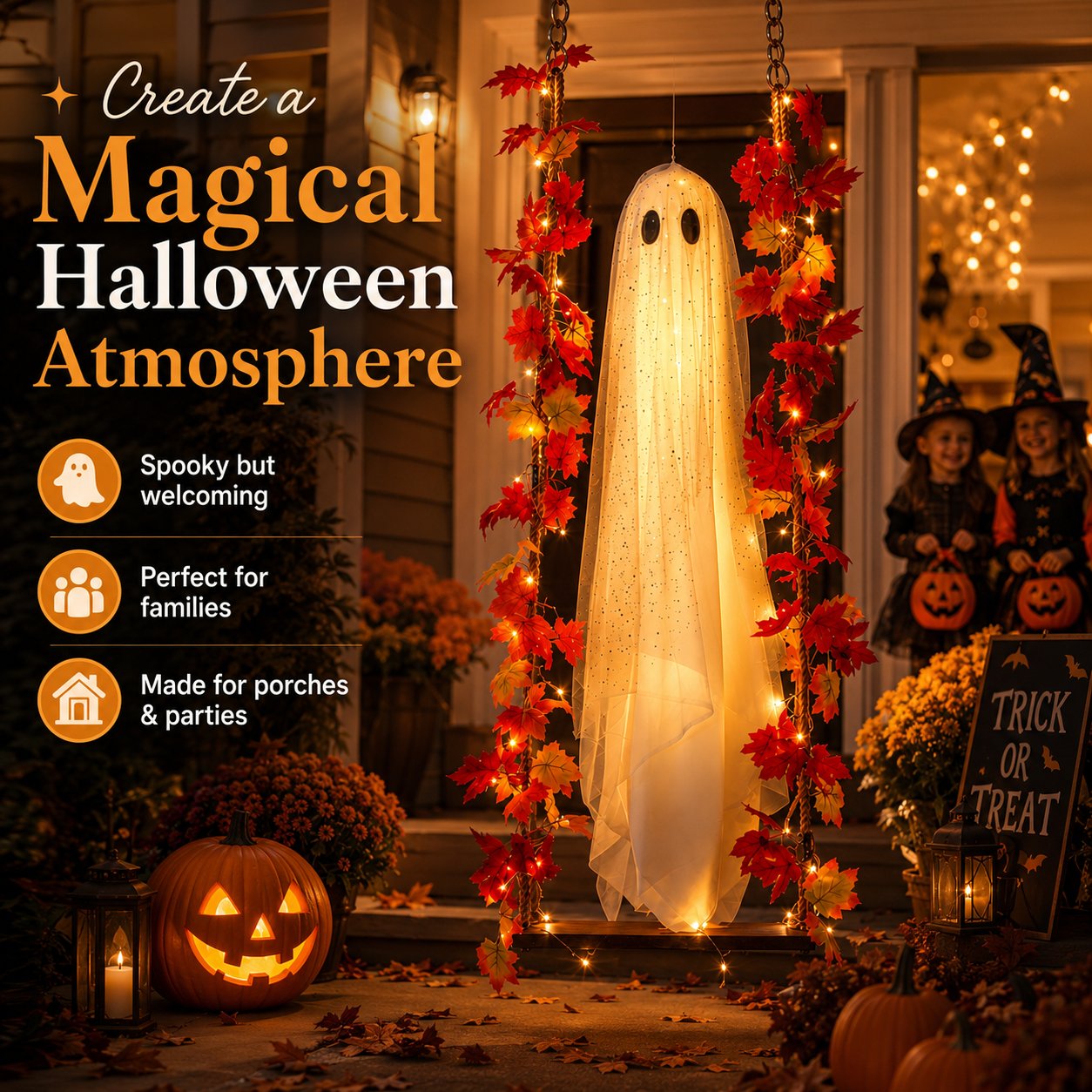 Family-friendly Halloween porch display