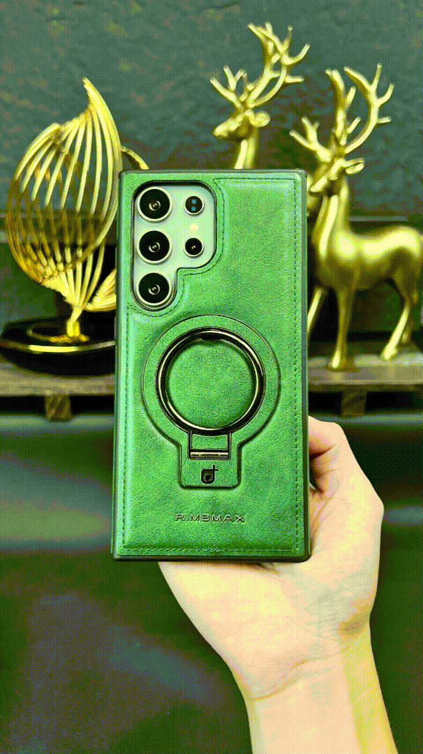 Galaxy S24 Ultra business leather case featuring fold-out ring stand and full-wrap edges