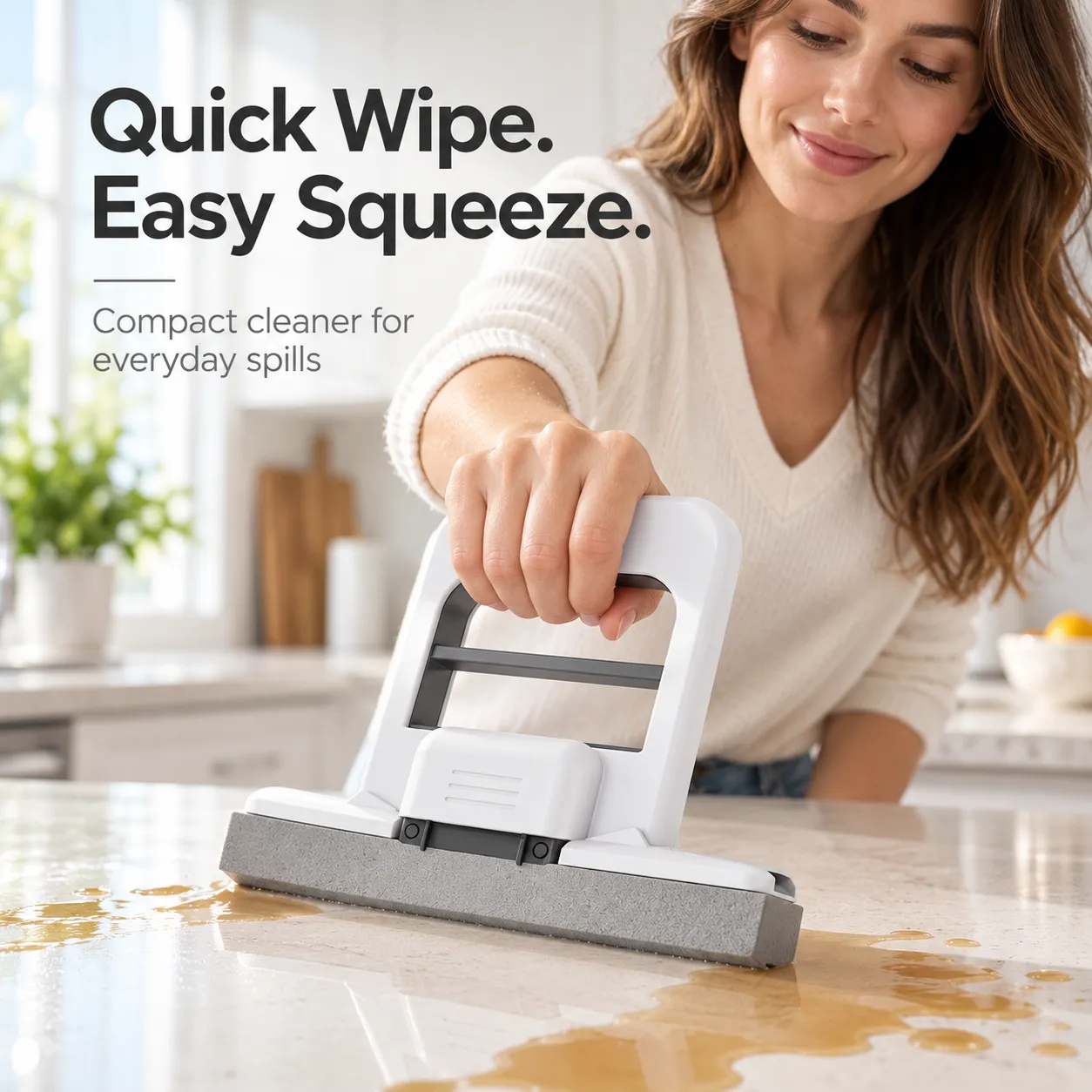 Woman using the compact gray and white mini mop on a countertop