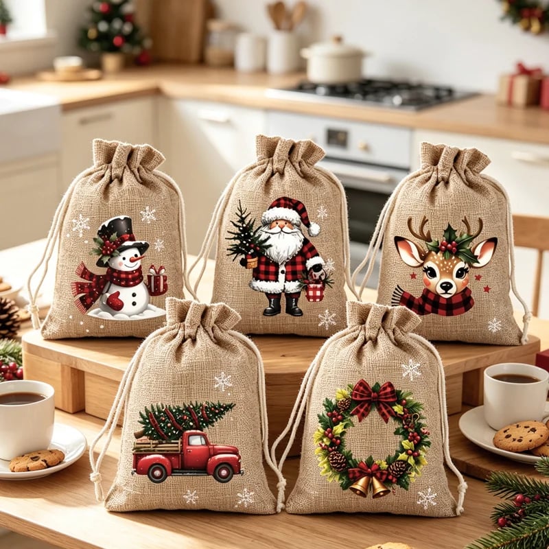 Double drawstring closure on a Christmas gift pouch