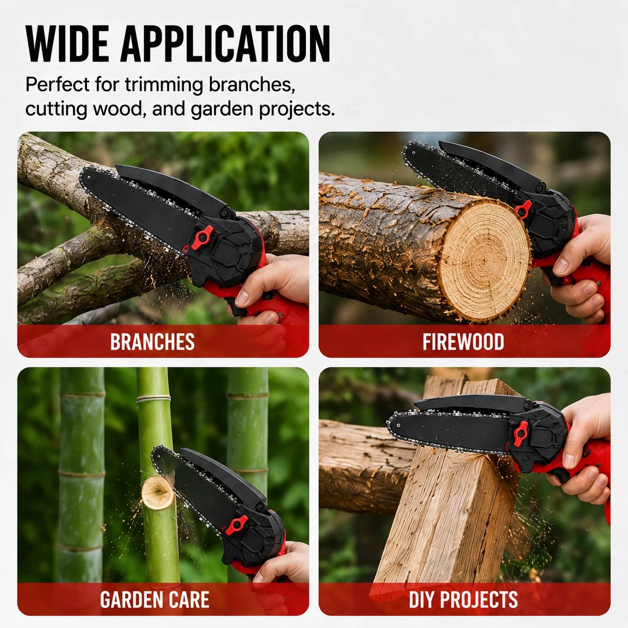 Mini cordless chainsaw kit with two batteries and carrying case
